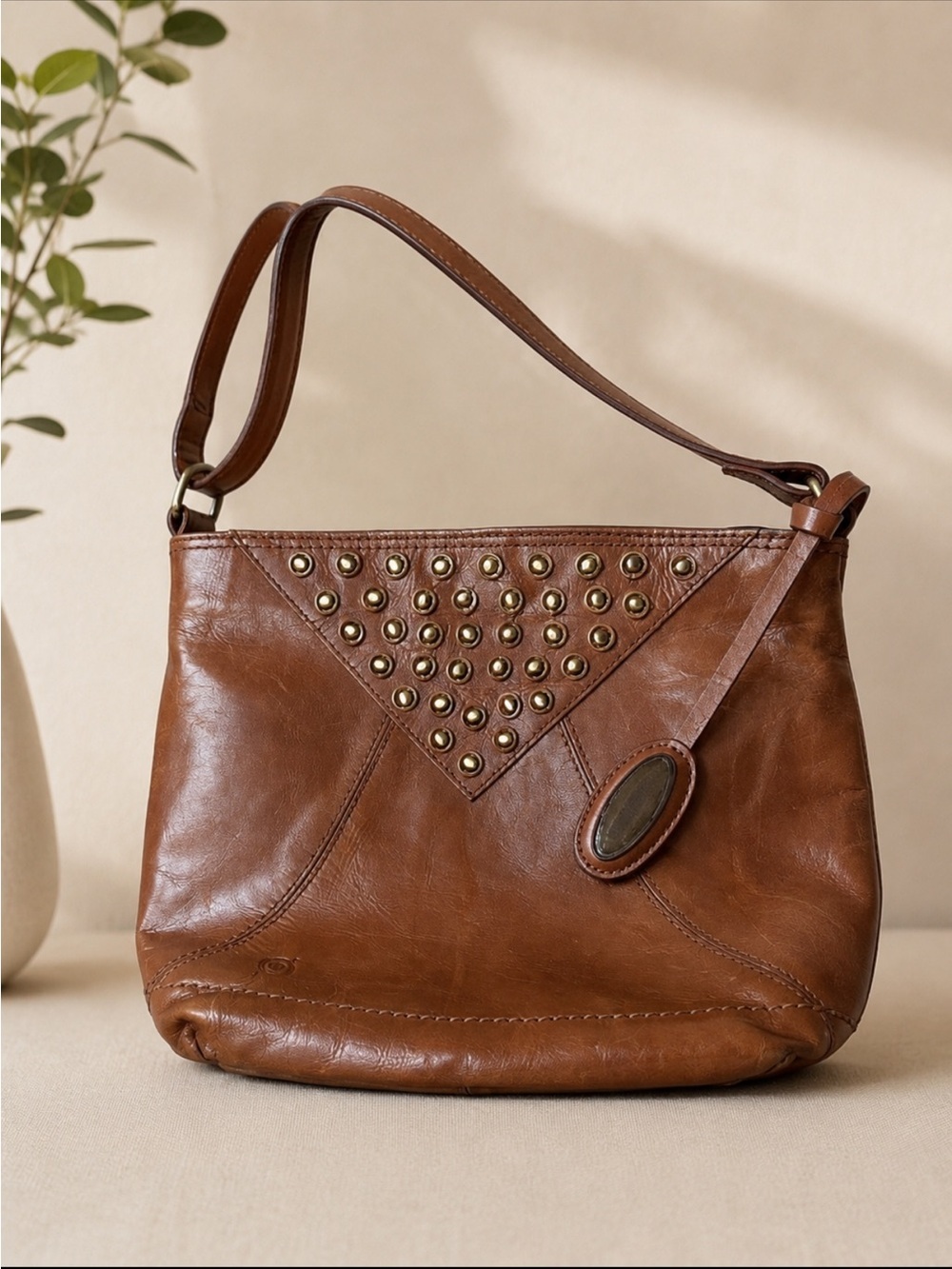 Born Tan/cognac Leather Crossbody Bag with Stud Accents-adjustable strap